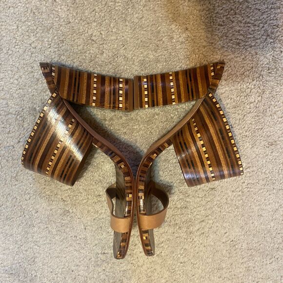 Vince Camuto Brown & Beige Becca Heel Slip On Leather Sandals Size 9 Wood tone - Picture 6 of 12